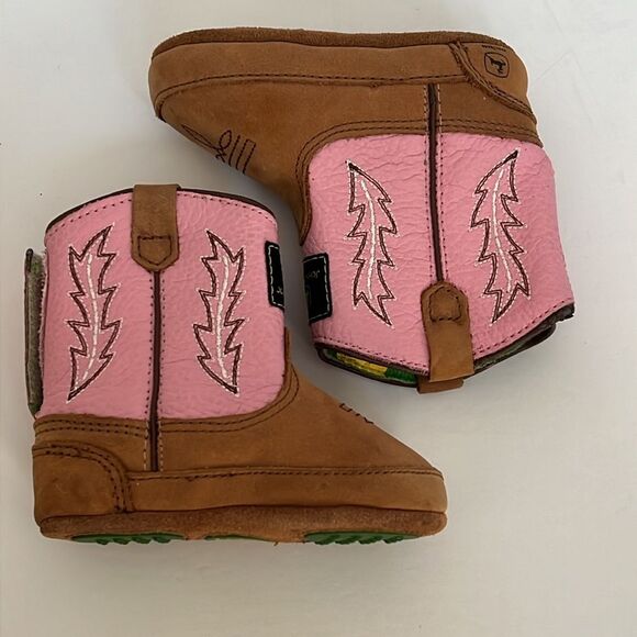 John Deere Infant Baby Girl Cowgirl Boots Pink Tan Leather Size 4 Soft Sole Grip - Picture 10 of 13